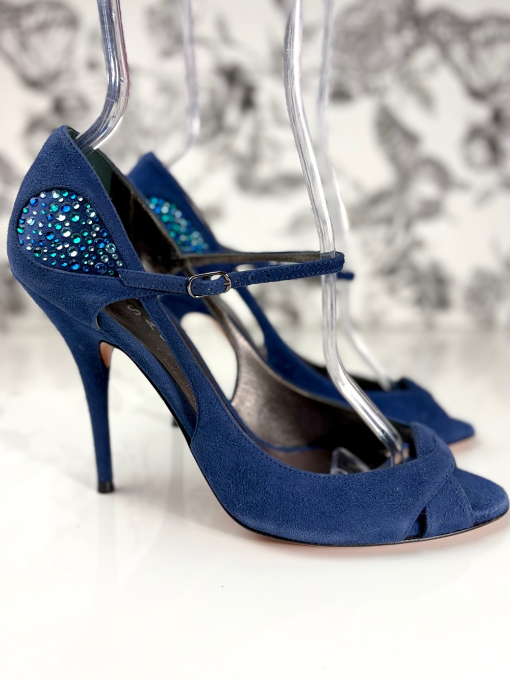 Casadei Blue Suede Crystal Accent Peep Toe 4” Stiletto Heel Mary Jane Pump, Sz 8